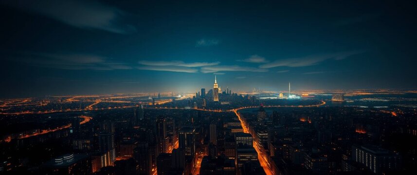 Breathtaking panoramic view of a vibrant city skyline illuminated at night, showcasing urban sprawl and a captivating dark sky
