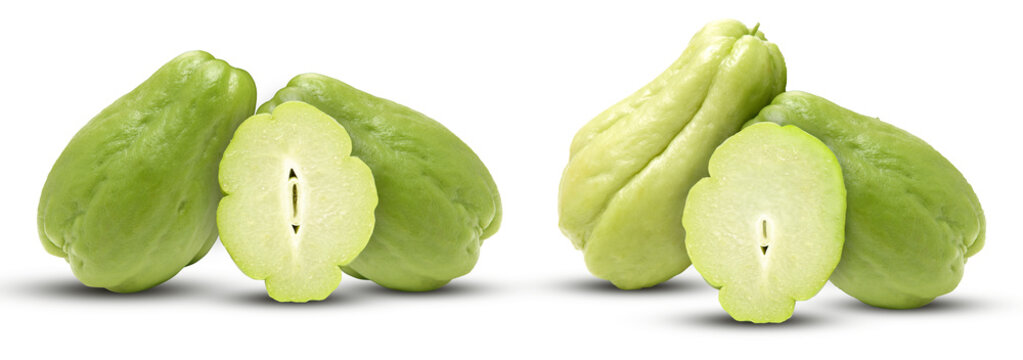 fresh green chayote squash with cross-section slices showcasing its unique texture