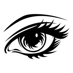 Stylized black and white drawing of an eye with long eyelashes