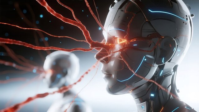 Robotic humanoid with neural connections and glowing circuitry in a futuristic setting