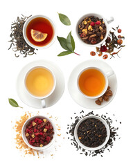 Various types of tea in white cups isolated on transparent background, including black tea, green tea, herbal tea, and fruit tea, offering a diverse selection of flavors and aromas