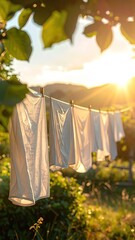 Clothesline with White Laundry Drying in Warm Golden Sunlight Scenic outdoor shot with bright sky against green foliage