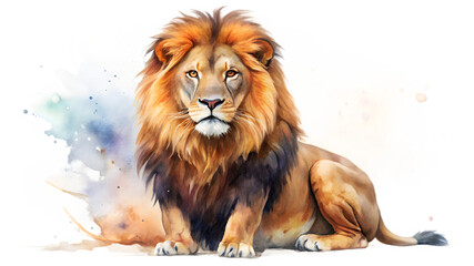 Obraz premium Watercolor painting of a majestic lion isolated on transparent background, sitting proudly