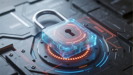 Digital lock with glowing interface on futuristic circuit board