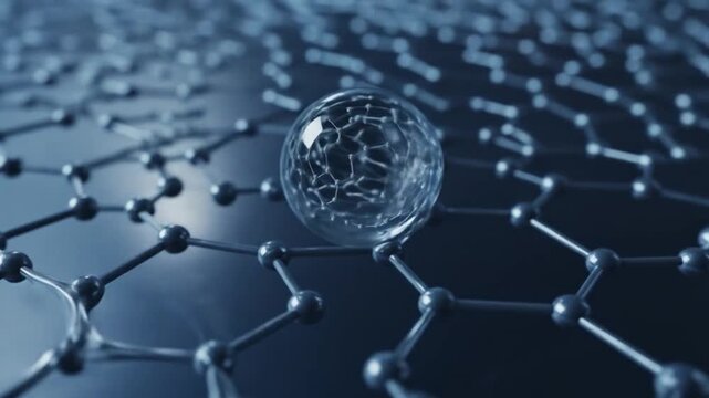Dynamic microscopic view of graphene molecular structure with a shimmering water droplet, showcasing nanoscale innovation and scientific advancement in a captivating visual.