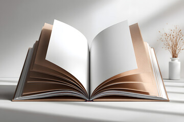 Mock-up magazine or catalog on white table. Blank page or notepad on neutral background. Blank page or notepad for mockups or simulations.