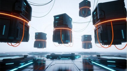 Floating server units with glowing orange cables in a futuristic data center environment