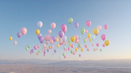 Pastel Balloons Floating Against Blue Sky with Horizon in Background Cinematic HDR Festive Photo