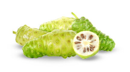 fresh green noni fruits with a cross-section revealing their unique interior.