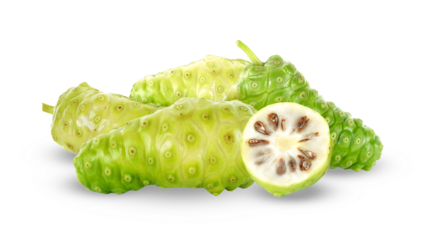 fresh green noni fruits with a cross-section revealing their unique interior.
