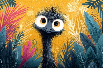Fototapeta premium A wide-eyed cartoon emu peers curiously from colorful jungle leaves in a playful, humorous, and tropical children’s illustration. 