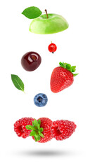 colorful assortment of fresh berries and a crisp apple slice suspended on a transparent background