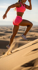 Woman with athletic legs in neon pink sports shorts and crop top sprinting up sand dune, grains flying, blurred desert landscape behind