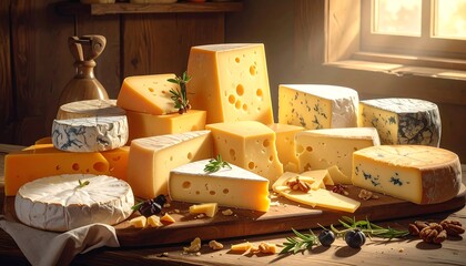 Assorted cheeses displayed on a wooden board in a rustic setting