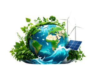 Sustainable World Globe with Greenery and Eco Symbols – Transparent Background