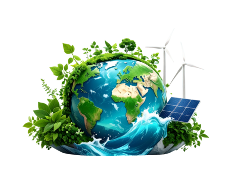 Sustainable World Globe with Greenery and Eco Symbols – Transparent Background