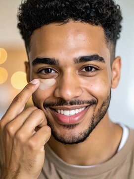Hombre sonriendo aplicando crema facial en el rostro