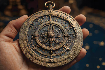 Intricate antique brass astrolabe from the 1600s held in hand