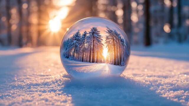 A crystal ball lies on glistening snow in a winter forest, reflecting tall trees and sunlight, imagination, creativity, reflection, and the peaceful harmony of nature glowing under icy winter skies.