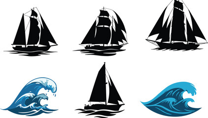 Silhouette of sailboats, ocean wave vector, nautical design, sailing yacht icons, marine illustration, black ship shapes, sea travel graphic art