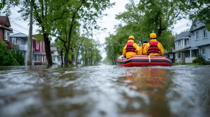 Rescue Operations in Flooded Streets: Emergency Responders Navigate Through High Water Levels in Suburban Neighborhoods Amidst Severe Weather Conditions