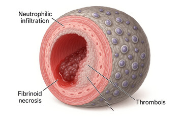 Cross-Section of Artery Showing Thrombosis, Fibrinoid Necrosis, and Neutrophilic Infiltration