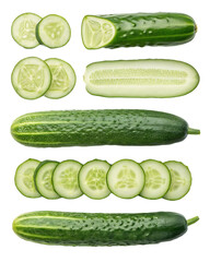 Fresh cucumbers isolated on transparent background whole, half and sliced cucumbers green vegetables healthy food ingredient for salad vegetarian food diet food