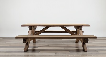 Rustic Wooden Picnic Table on Light Background