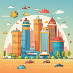 Naklejka premium Modern Cityscape Illustration A Vibrant Vector Design with Skyscrapers, Transportation, and Nature Elements