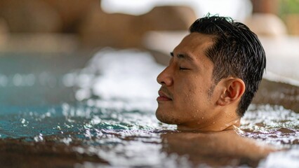 冬の露天風呂でリラックスする男性のイメージ テキストスペース 広告 背景素材 16:9サイズ AI生成素材