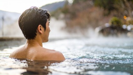 Obraz premium 冬の露天風呂でリラックスする男性のイメージ テキストスペース 広告 背景素材 16:9サイズ AI生成素材