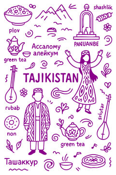 Tajikistan Culture Illustration Set &ndash; Traditional People, Music, Dance, Food, and Symbols	