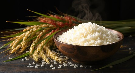 Steaming Bowl of Cooked Rice with Grains, Close-Up
