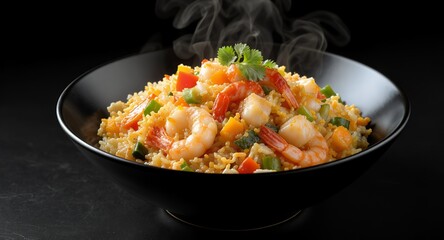 Steaming bowl of delicious seafood fried rice
