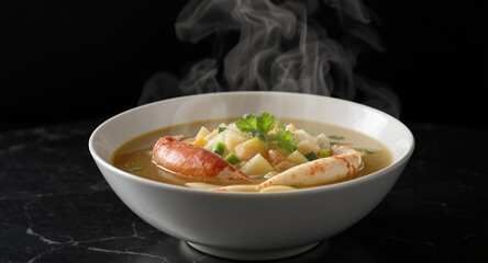 Steam rising from a bowl of crab soup