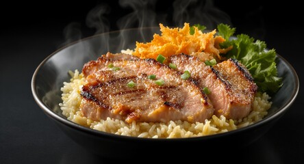 Steamed Dish with Grilled Meat and Rice on a Plate