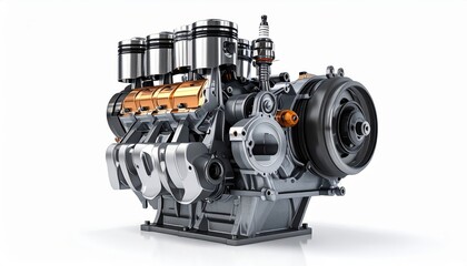 Detailed illustration of an engine featuring metallic pistons, a spark plug, and other mechanical components; the imagery depicts a complex machine with a focus on internal mechanisms and technical...