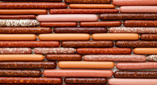 A pattern of different sausages arranged by color and size, creating an abstract food mosaic.