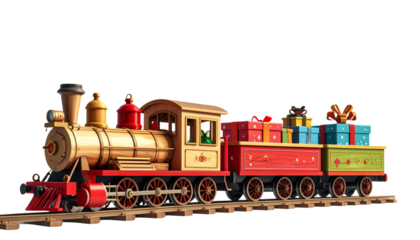 Classic Wooden Christmas Train and Modern Toy Train, isolated on transparent background