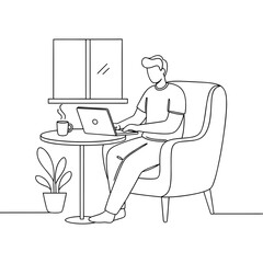 Line Art Illustration of a Person Working on a Laptop at Home