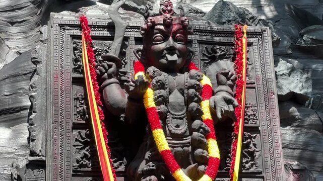 Black stone idol of Maa Kali in a Pandal In Kolkata 