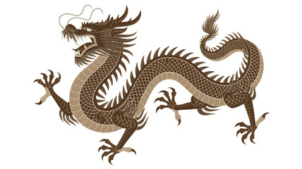 Fototapeta premium Majestic brown and gold dragon art chinese mythology creature fierce expression detailed scales isolated on transparent background