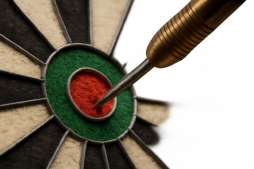 Dart hitting bullseye of target board, symbolizing success, accuracy, and achieving important business goals