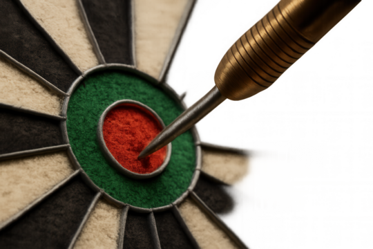 Dart hitting bullseye of target board, symbolizing success, accuracy, and achieving important business goals