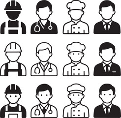 Professions icon set, profession icons solid black, doctor chef worker, mechanic delivery person, office job icons, thin stroke outline minimal, editable professional career icons pack