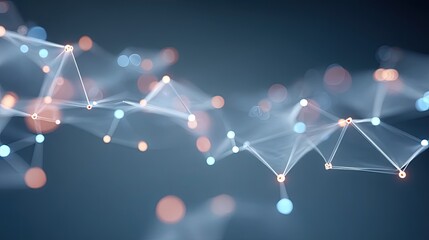 Abstract Digital 3D Wireframe Sphere Network Against a Dark Blue Background with Orange and Blue Bokeh Lights