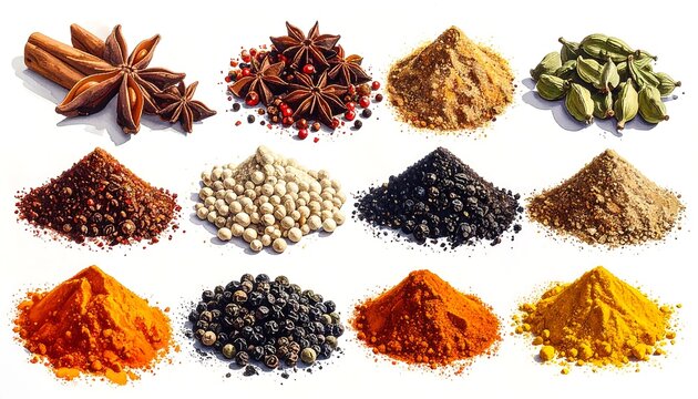 Assorted spices arranged on white background