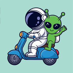 vector concept for astronaut and alien riding scooter together in space, fun cartoon illustration