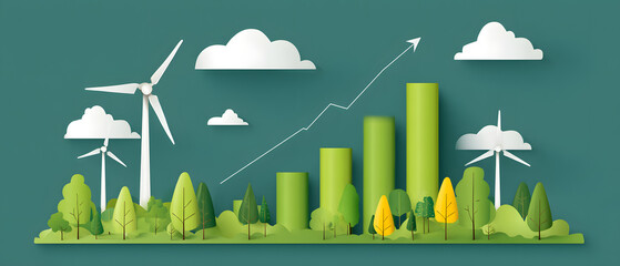 Green energy growth sustainable development bar chart with wind turbines and clouds