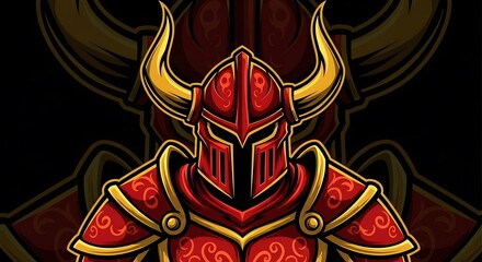 Fototapeta premium Red Knight with Horned Helmet - A Powerful Warrior Illustration.